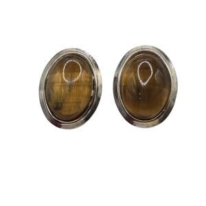 Earrings Vintage Oval Tigers Eye Brown Stone Silver Tone Clip On